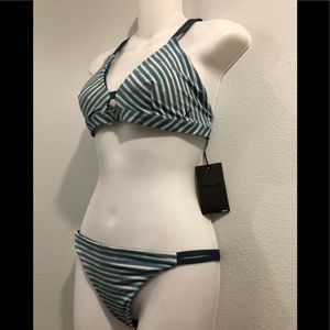 👙 NEW! HURLEY Striped Bikini Set Teal/Cream/Navy purchased from PacSun - M/L
